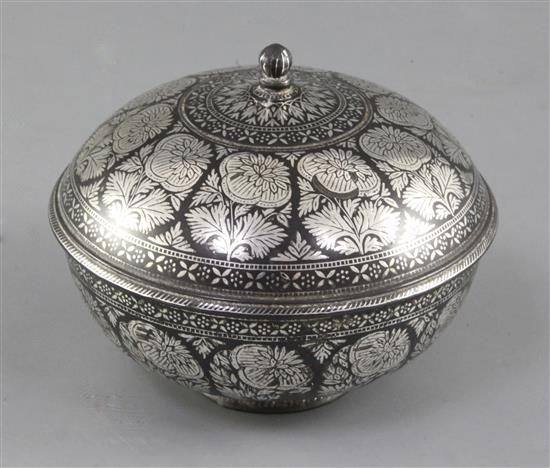 A Indian silver-inlaid Bidri ware magic bowl and cover (abkhwura), Deccan, late 18th/early 19th century, diameter 5.1in.